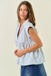 Striped Notch Collar Neck Rolled-up Cap Sleeve Top