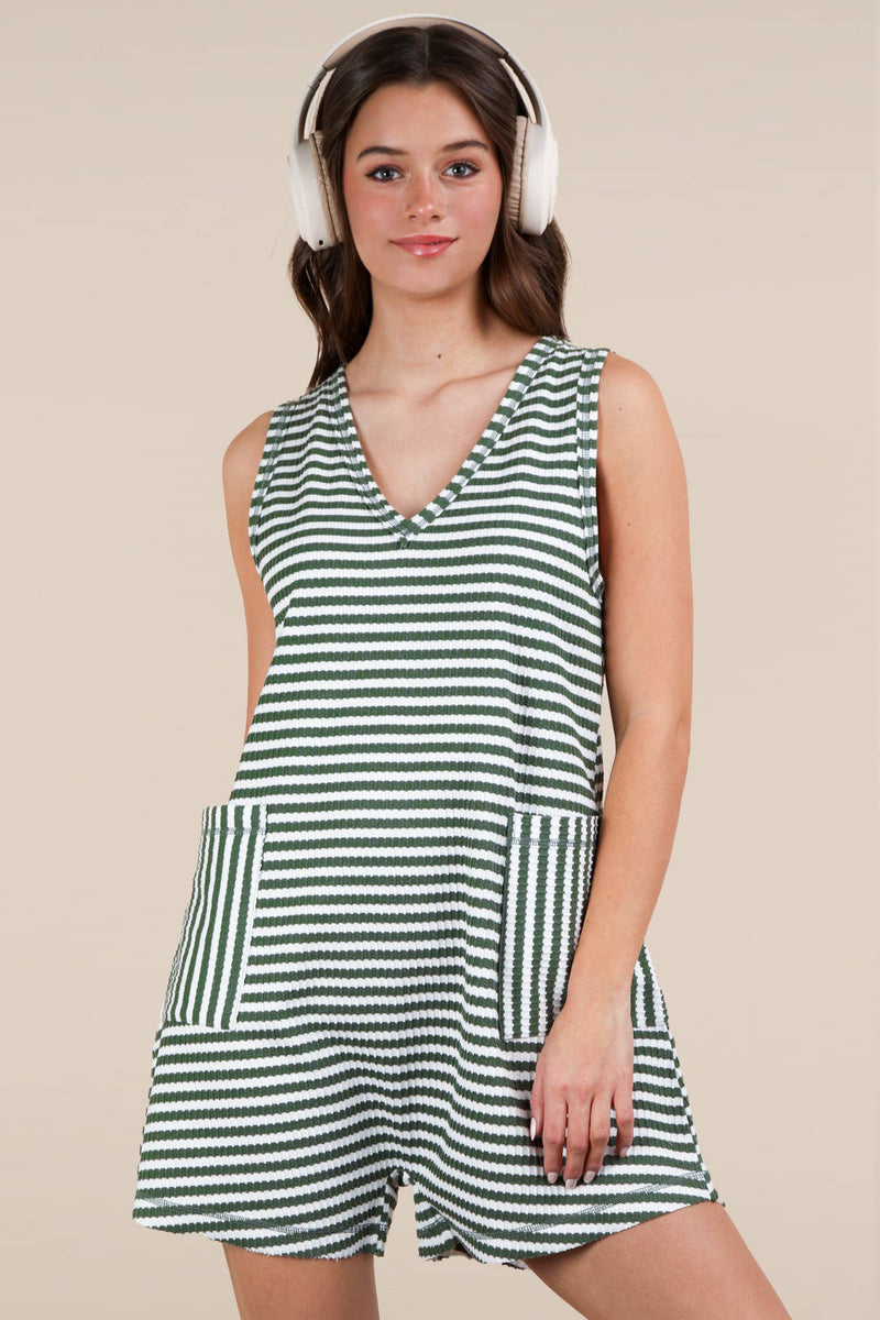 VERY J - NP70744-Striped Knit Casual Comfy Romper: DENIM / S-M-L/2-2-2
