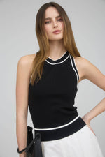 The Workshop Studio - CONTRAST STRIPE SWEATER KNIT HALTER TOP: BLACK