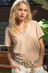 Pol Clothing - Colored trim v-neck short sleeve solid basic knit top: PALE SAGE / S