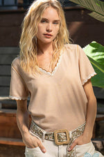 Pol Clothing - Colored trim v-neck short sleeve solid basic knit top: PALE SAGE / S