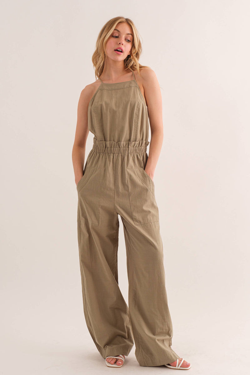 Solid Self Tie Jumpsuit With Spaghetti Strap