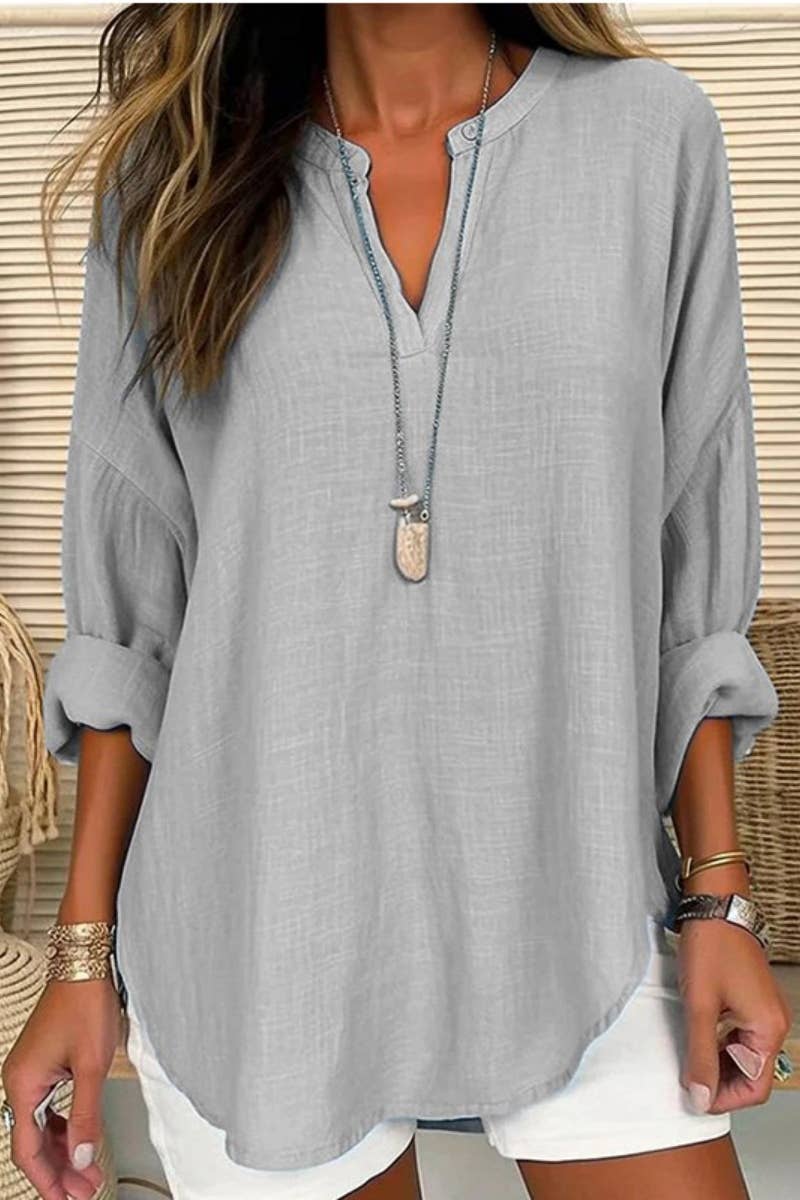 Linen Long Sleeve Casual V Neck Top - Grey