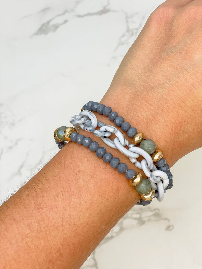 Stone Chain & Glass Bead Stretch Bracelet Sets