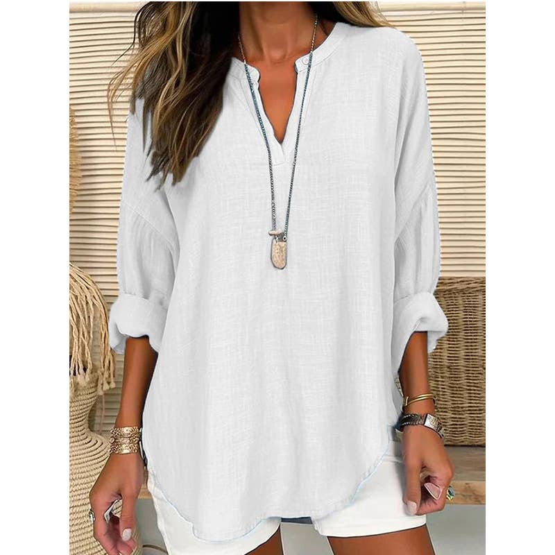 Linen Long Sleeve Casual V Neck Top - White